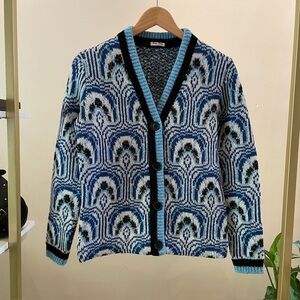 Miu Miu Blue Patterned Cardigan with Metallic Silver Thread